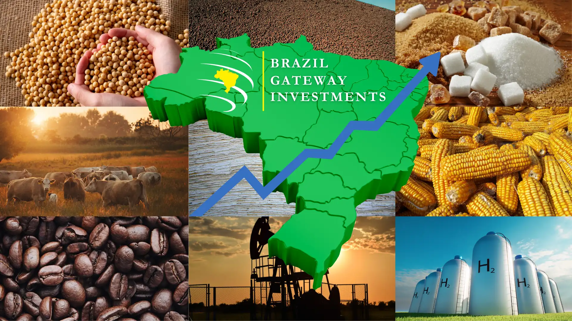 Mosaic showcasing Brazil's key investment opportunities, including agriculture (soy, corn, sugar), coffee, livestock, oil, hydrogen energy, and a growth chart over a 3D map of Brazil, with the Brazil Gateway Investments logo.